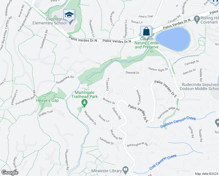 map of restaurants, bars, coffee shops, grocery stores, and more near 21 Cayuse Lane in Rancho Palos Verdes