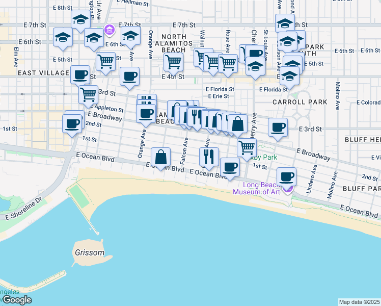 map of restaurants, bars, coffee shops, grocery stores, and more near 1517 East 1st Street in Long Beach