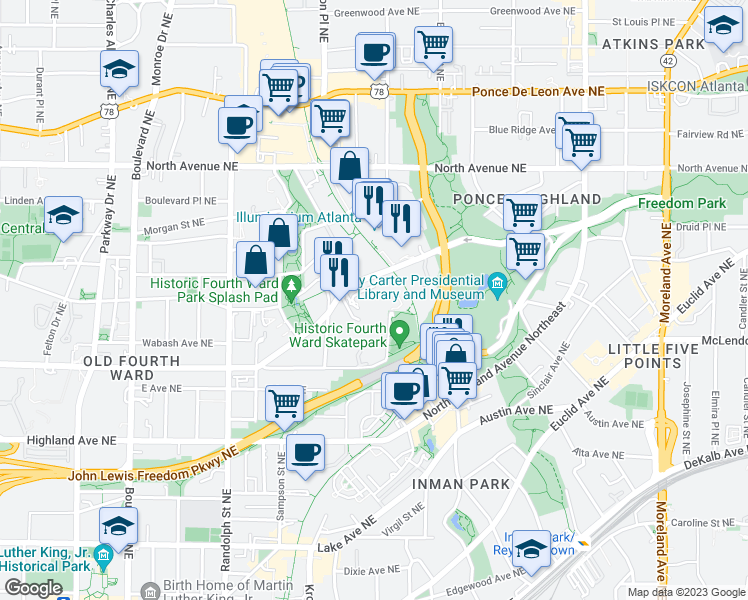 map of restaurants, bars, coffee shops, grocery stores, and more near 745 Ralph McGill Boulevard Northeast in Atlanta