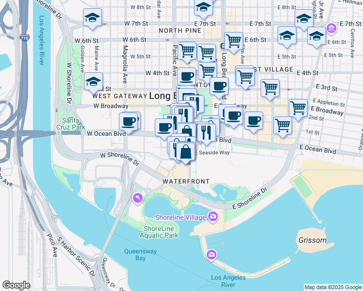map of restaurants, bars, coffee shops, grocery stores, and more near 150 West Ocean Boulevard in Long Beach