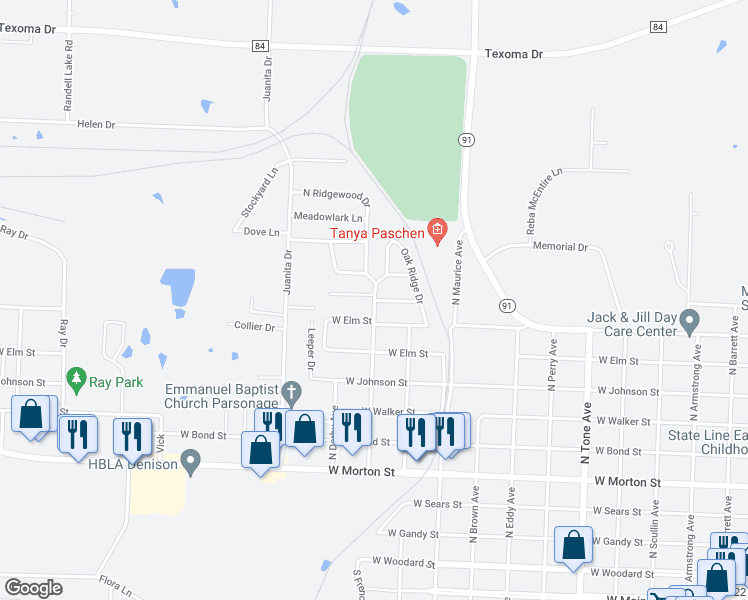 map of restaurants, bars, coffee shops, grocery stores, and more near W Parnell St & N Bush Ave in Denison