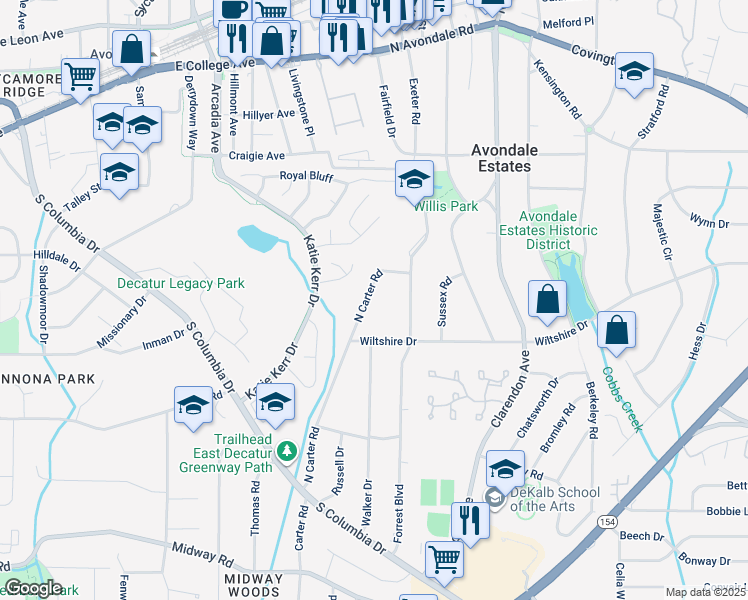 map of restaurants, bars, coffee shops, grocery stores, and more near 992 North Carter Road in Decatur