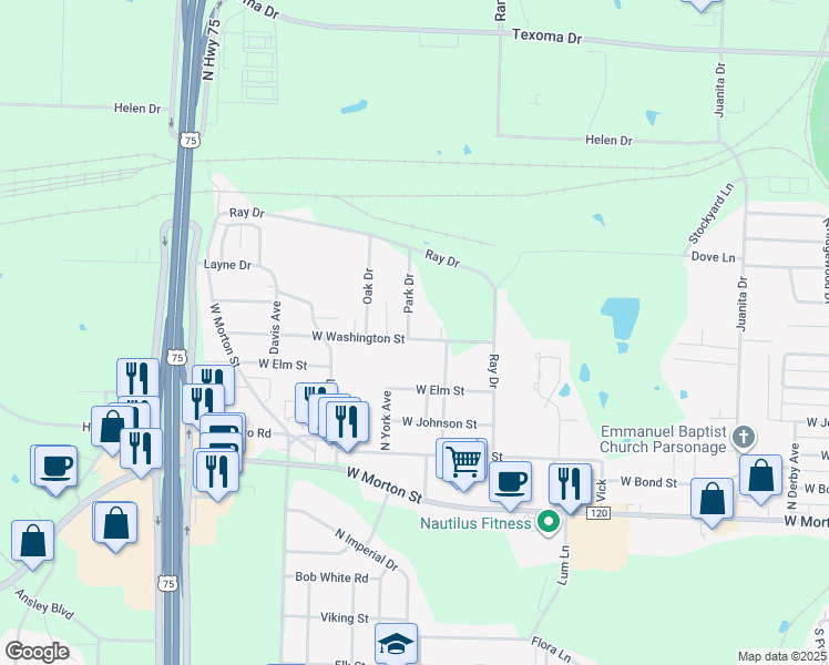 map of restaurants, bars, coffee shops, grocery stores, and more near 2617 West Washington Street in Denison