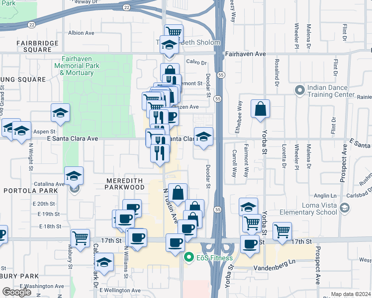 map of restaurants, bars, coffee shops, grocery stores, and more near 2217 Ponderosa Street in Santa Ana