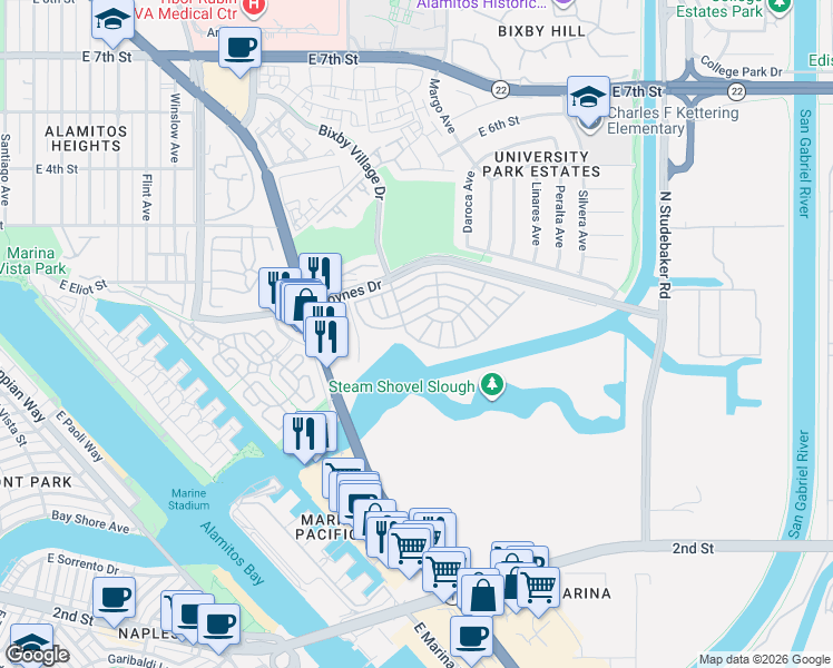 map of restaurants, bars, coffee shops, grocery stores, and more near 6227 East Marina View Drive in Long Beach