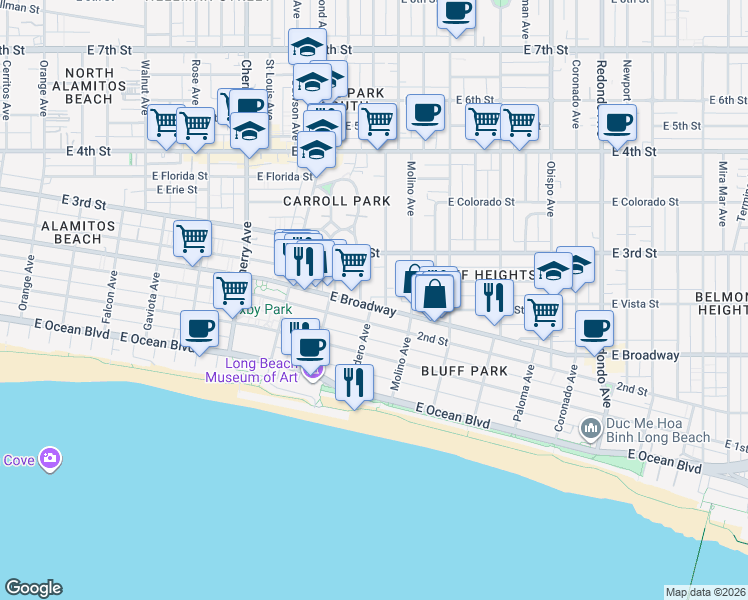 map of restaurants, bars, coffee shops, grocery stores, and more near in Long Beach