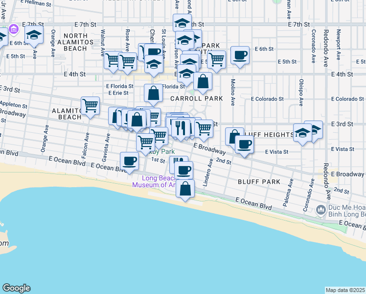 map of restaurants, bars, coffee shops, grocery stores, and more near 2117 2nd Street in Long Beach