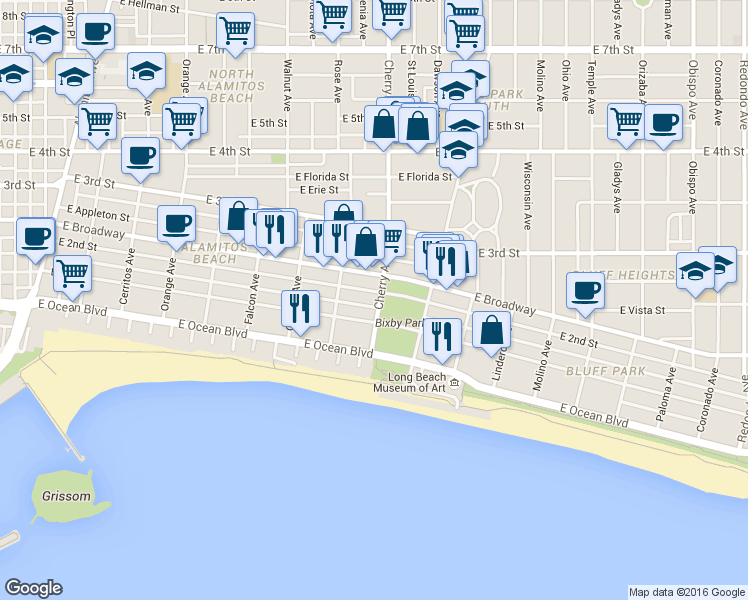 map of restaurants, bars, coffee shops, grocery stores, and more near 1918 2nd Street in Long Beach