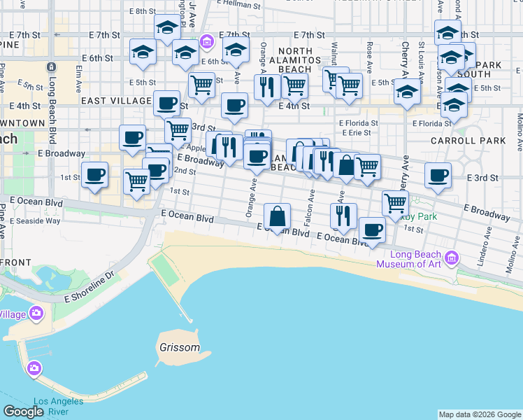 map of restaurants, bars, coffee shops, grocery stores, and more near 1230 East 1st Street in Long Beach