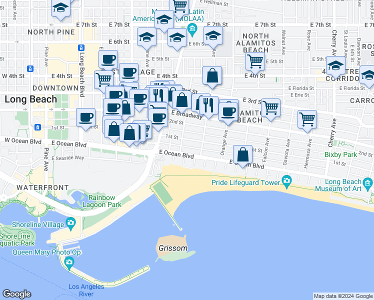 map of restaurants, bars, coffee shops, grocery stores, and more near 1007 East Ocean Boulevard in Long Beach