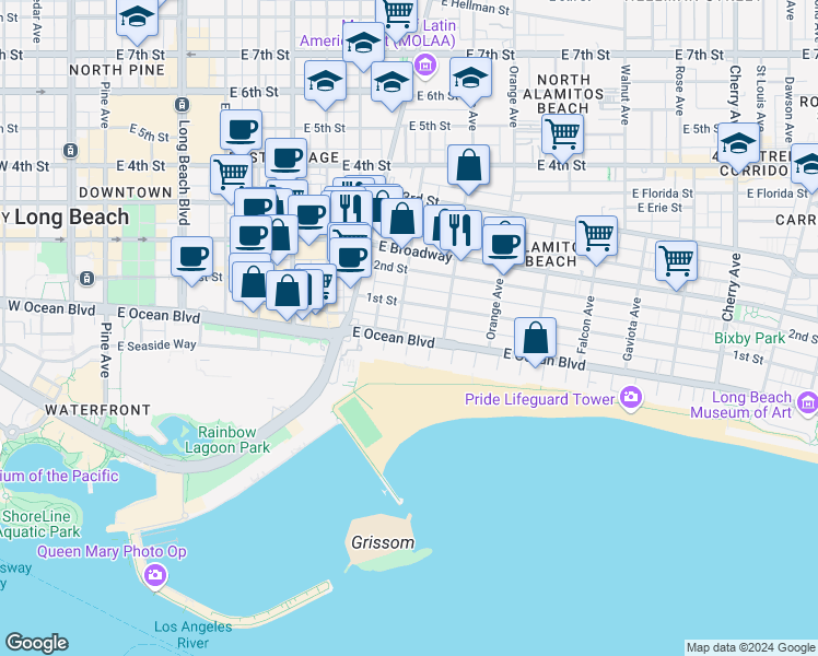 map of restaurants, bars, coffee shops, grocery stores, and more near 1007 East Ocean Boulevard in Long Beach