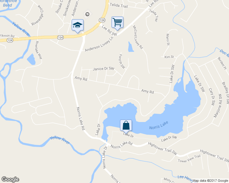 map of restaurants, bars, coffee shops, grocery stores, and more near 4385 Amy Road in Snellville