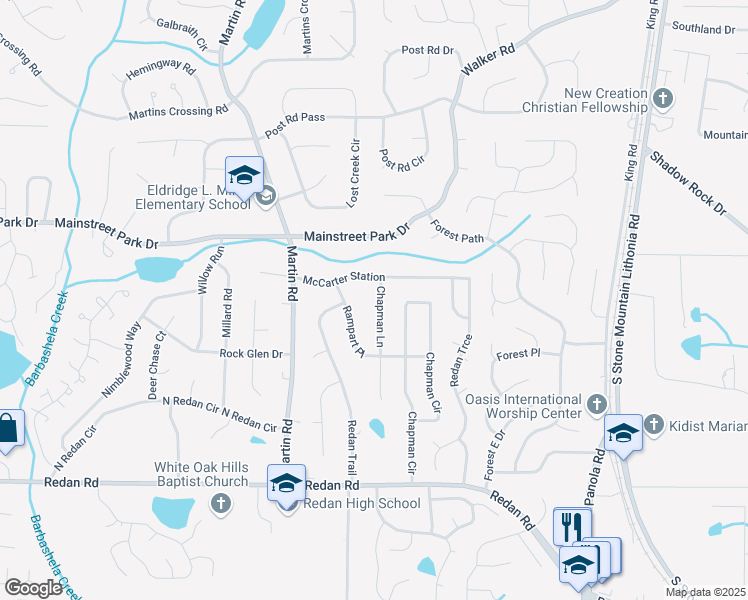 map of restaurants, bars, coffee shops, grocery stores, and more near 964 Chapman Lane in Stone Mountain
