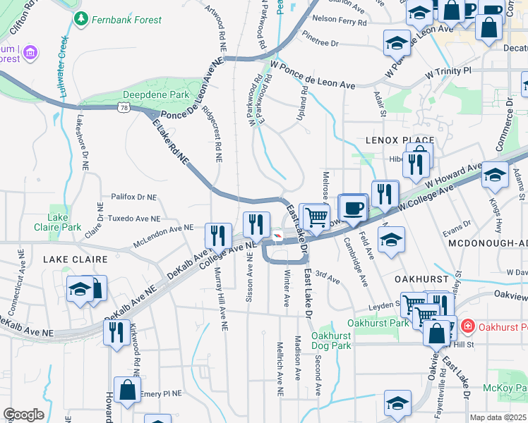 map of restaurants, bars, coffee shops, grocery stores, and more near 2253 East Lake Road Northeast in Atlanta