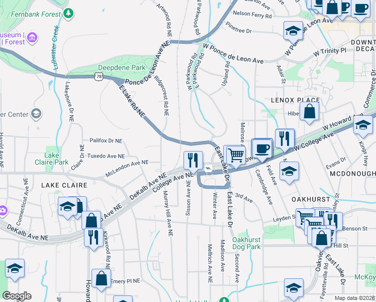 map of restaurants, bars, coffee shops, grocery stores, and more near 2213 East Lake Road Northeast in Atlanta