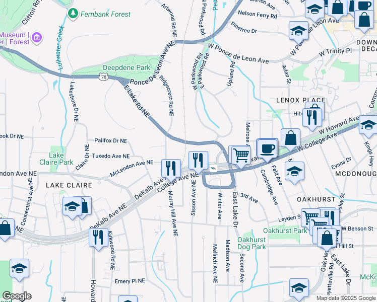 map of restaurants, bars, coffee shops, grocery stores, and more near 2213 East Lake Road Northeast in Atlanta