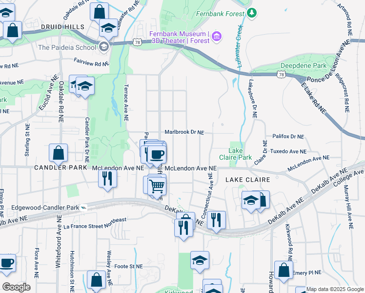 map of restaurants, bars, coffee shops, grocery stores, and more near 446 Harold Avenue Northeast in Atlanta