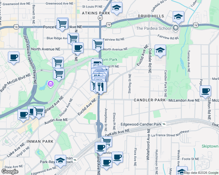 map of restaurants, bars, coffee shops, grocery stores, and more near 1225 Euclid Avenue Northeast in Atlanta