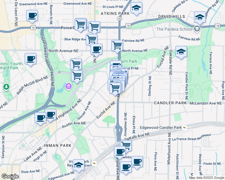 map of restaurants, bars, coffee shops, grocery stores, and more near 448 Moreland Avenue Northeast in Atlanta