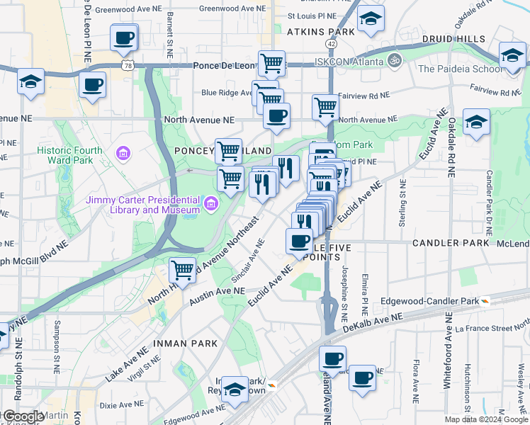 map of restaurants, bars, coffee shops, grocery stores, and more near 442 Sinclair Avenue Northeast in Atlanta