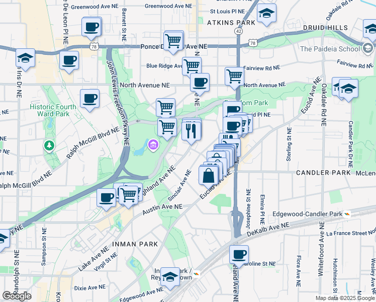 map of restaurants, bars, coffee shops, grocery stores, and more near 1018 Albion Avenue Northeast in Atlanta