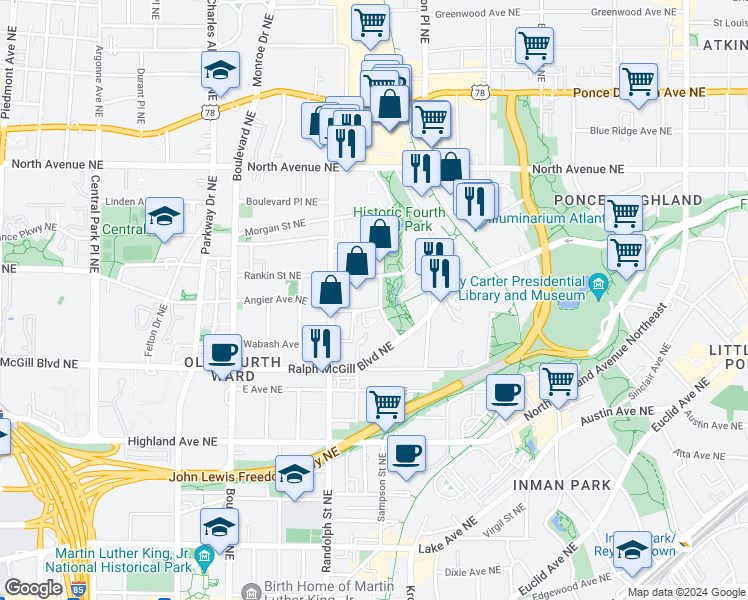 map of restaurants, bars, coffee shops, grocery stores, and more near 652 Angier Ave NE in Atlanta