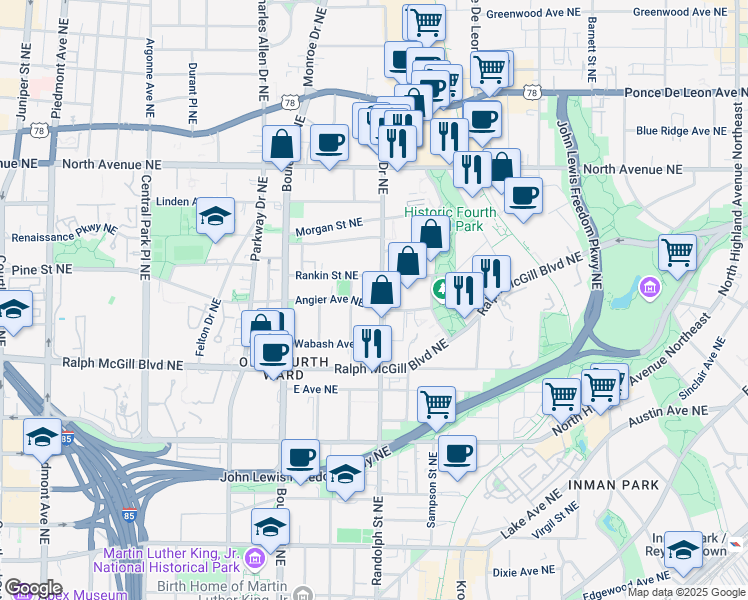 map of restaurants, bars, coffee shops, grocery stores, and more near 455 Glen Iris Drive Northeast in Atlanta