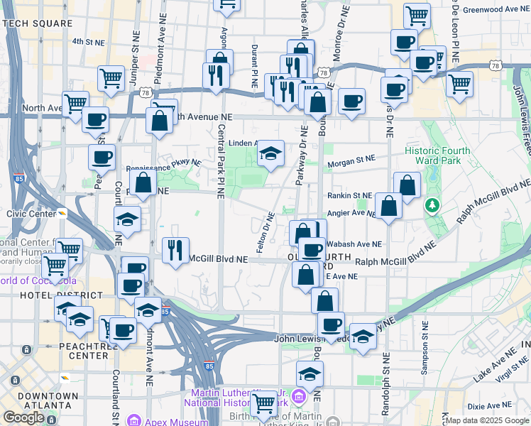map of restaurants, bars, coffee shops, grocery stores, and more near 378 Angier Avenue Northeast in Atlanta