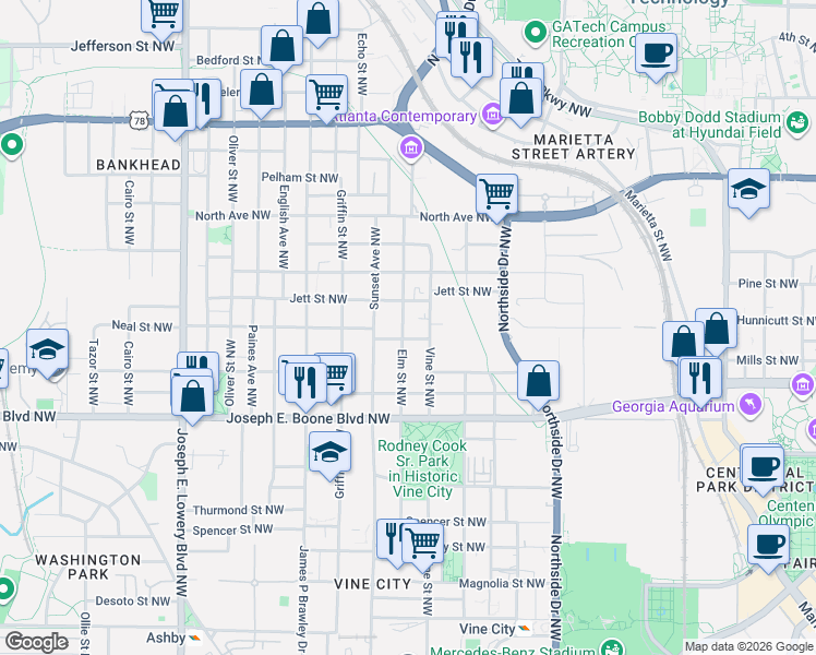 map of restaurants, bars, coffee shops, grocery stores, and more near 438 Vine Street Northwest in Atlanta