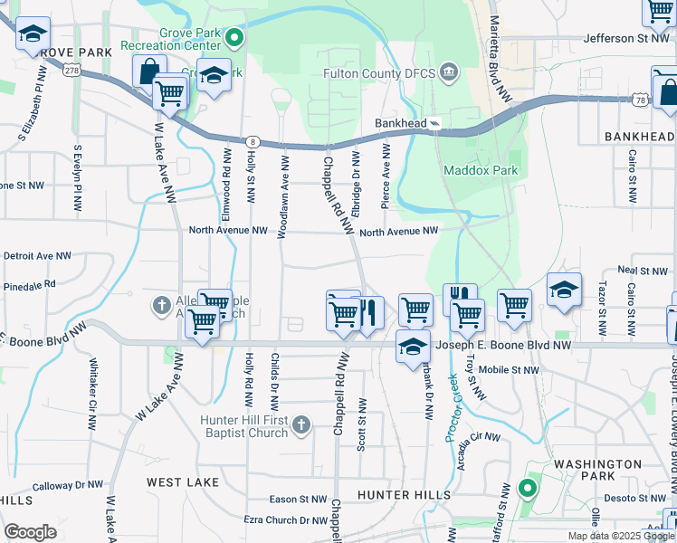 map of restaurants, bars, coffee shops, grocery stores, and more near Kennesaw Drive Northwest in Atlanta