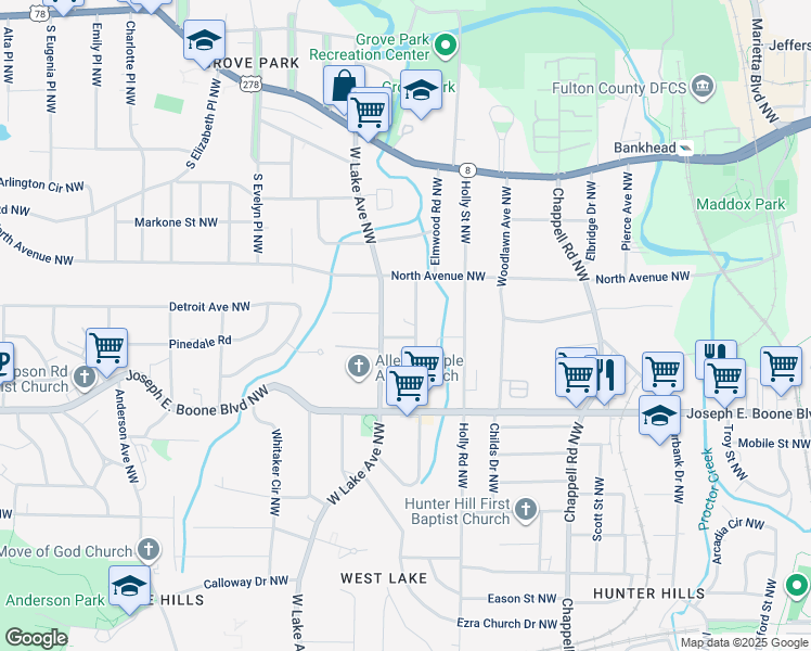 map of restaurants, bars, coffee shops, grocery stores, and more near 415 Lanier Street Northwest in Atlanta