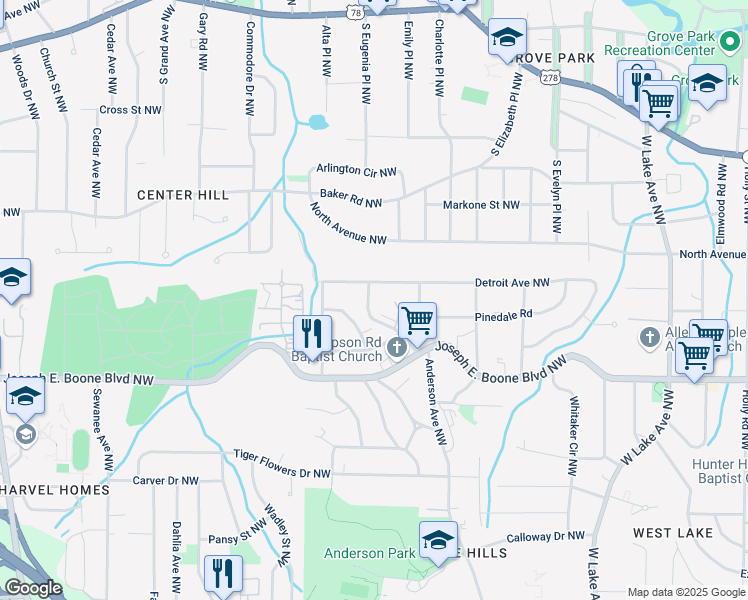 map of restaurants, bars, coffee shops, grocery stores, and more near 411 Westchester Boulevard Northwest in Atlanta