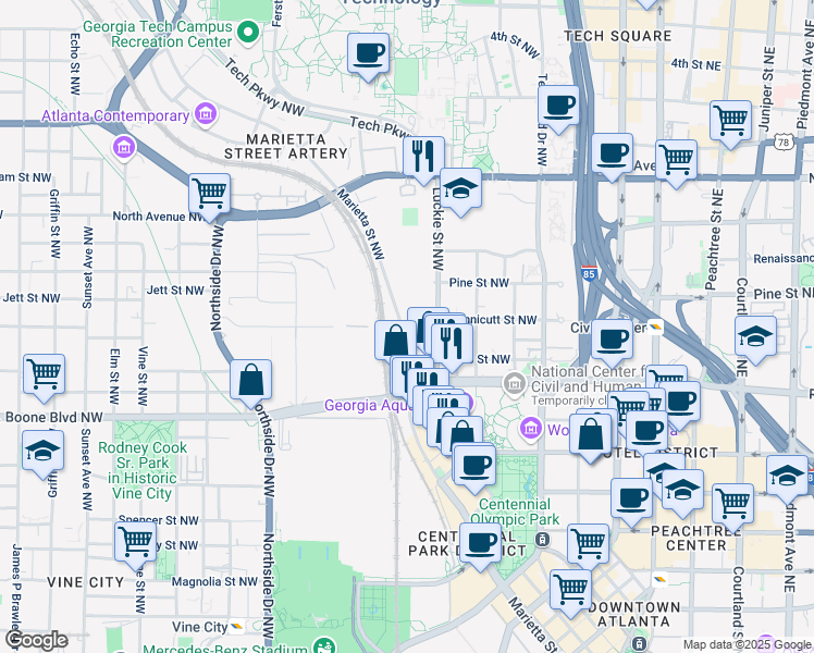 map of restaurants, bars, coffee shops, grocery stores, and more near 91 Marietta Street NorthWest in Atlanta