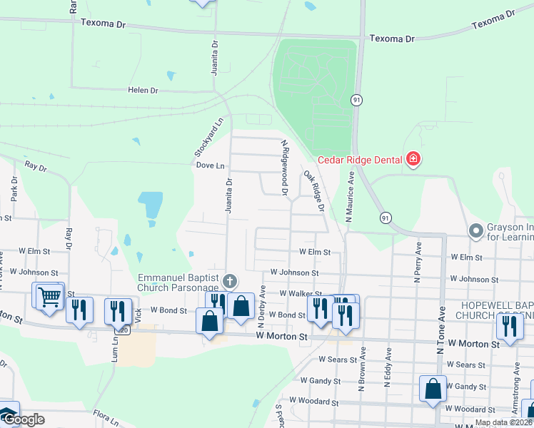 map of restaurants, bars, coffee shops, grocery stores, and more near 1726 West Parnell Street in Denison