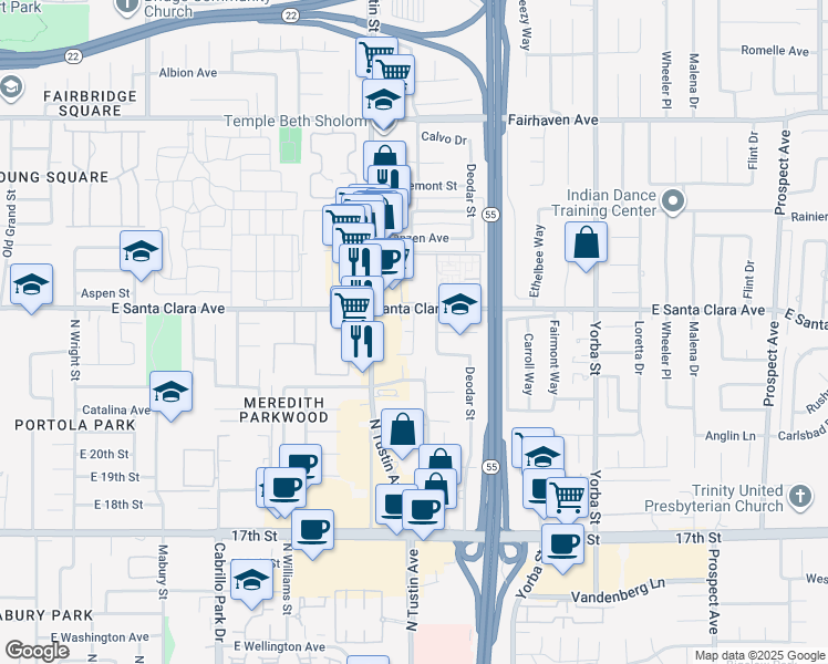 map of restaurants, bars, coffee shops, grocery stores, and more near 2217 Ponderosa Street in Santa Ana