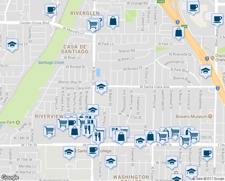 map of restaurants, bars, coffee shops, grocery stores, and more near 2247 North Baker Street in Santa Ana