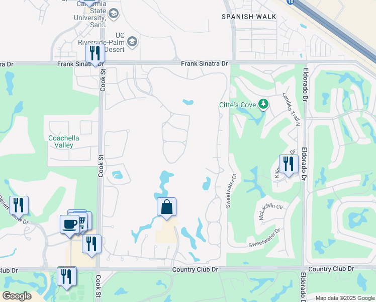 map of restaurants, bars, coffee shops, grocery stores, and more near 249 Vista Royale Circle East in Palm Desert