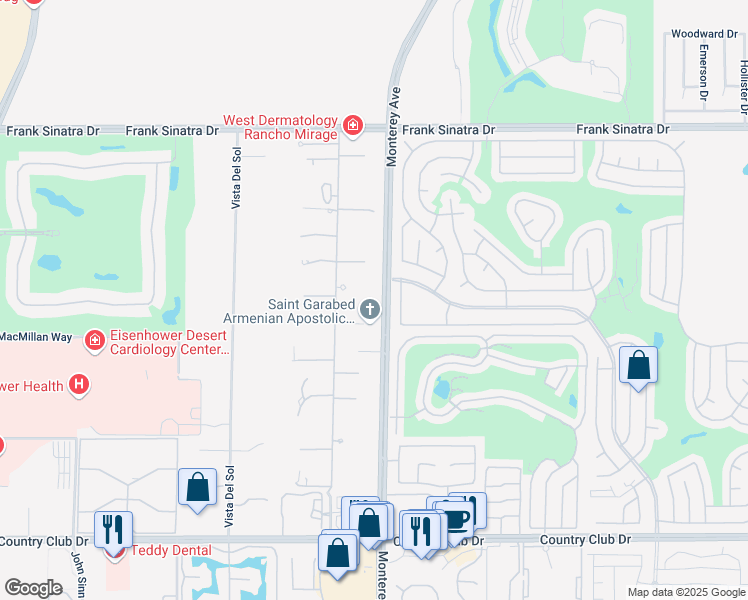 map of restaurants, bars, coffee shops, grocery stores, and more near 3 Wren Court in Rancho Mirage
