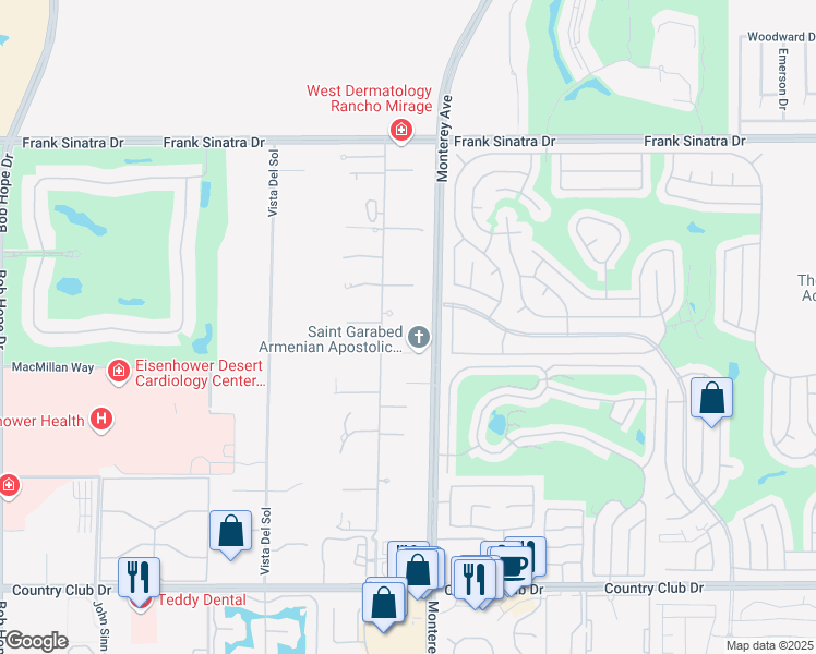 map of restaurants, bars, coffee shops, grocery stores, and more near 2 Wren Court in Rancho Mirage