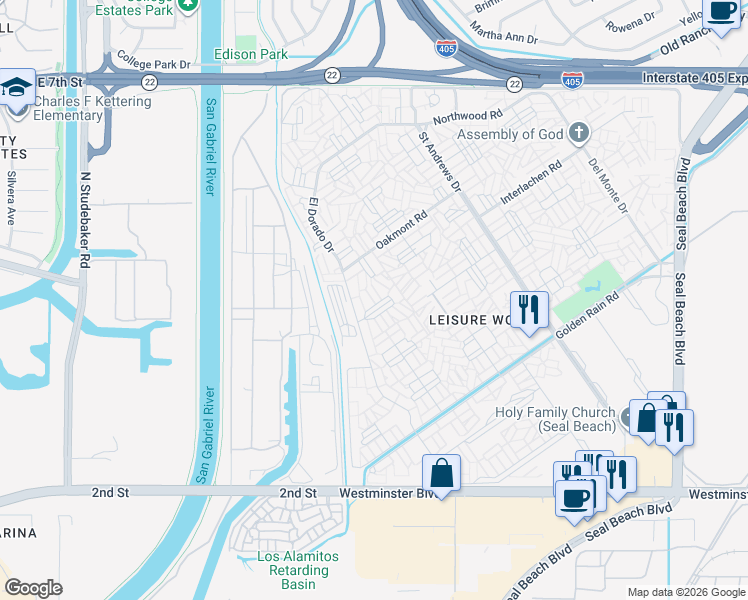 map of restaurants, bars, coffee shops, grocery stores, and more near 1241 Knollwood Road in Seal Beach