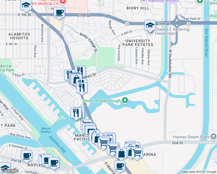 map of restaurants, bars, coffee shops, grocery stores, and more near in Long Beach