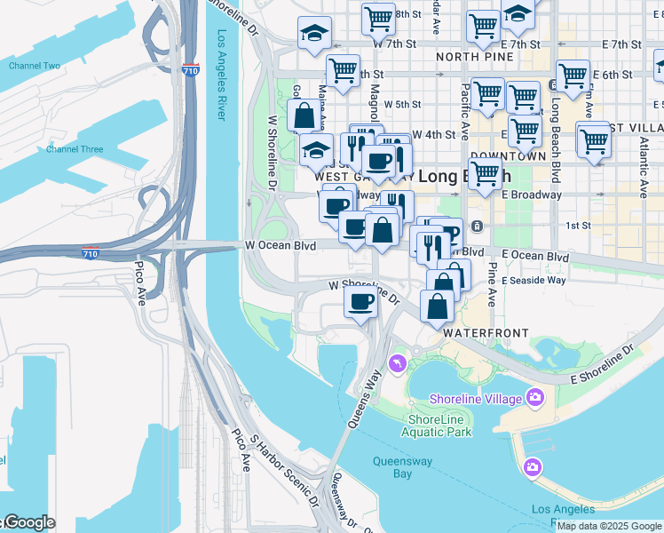 map of restaurants, bars, coffee shops, grocery stores, and more near 700w West Ocean Boulevard in Long Beach