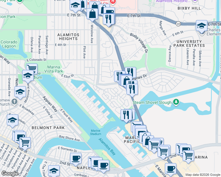 map of restaurants, bars, coffee shops, grocery stores, and more near 4403 Costa Del Rey in Long Beach