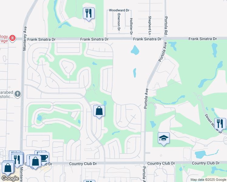 map of restaurants, bars, coffee shops, grocery stores, and more near 38840 Desert Greens Drive East in Palm Desert