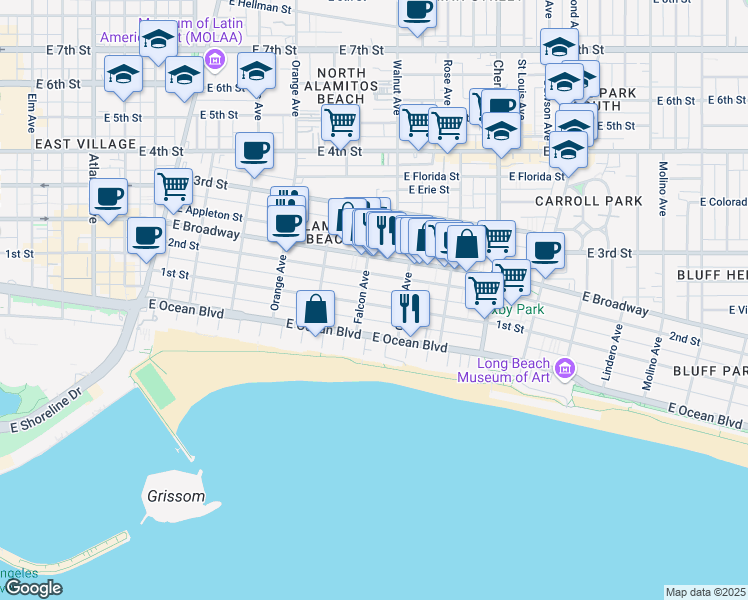 map of restaurants, bars, coffee shops, grocery stores, and more near 1521 East 1st Street in Long Beach