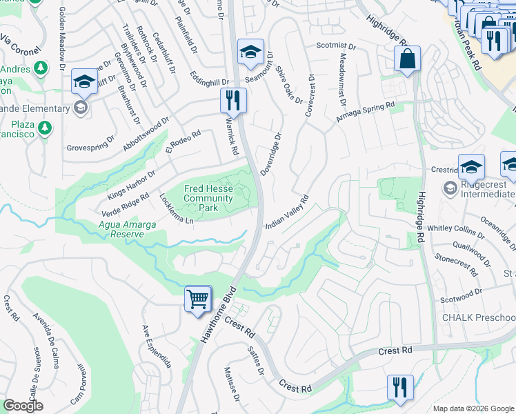 map of restaurants, bars, coffee shops, grocery stores, and more near 29404 Seaspray Drive in Rancho Palos Verdes