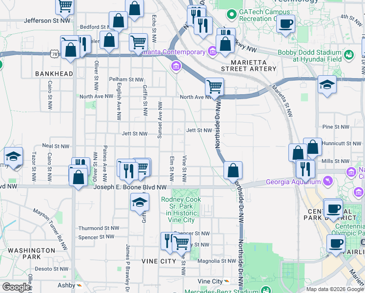 map of restaurants, bars, coffee shops, grocery stores, and more near 438 Vine Street Northwest in Atlanta