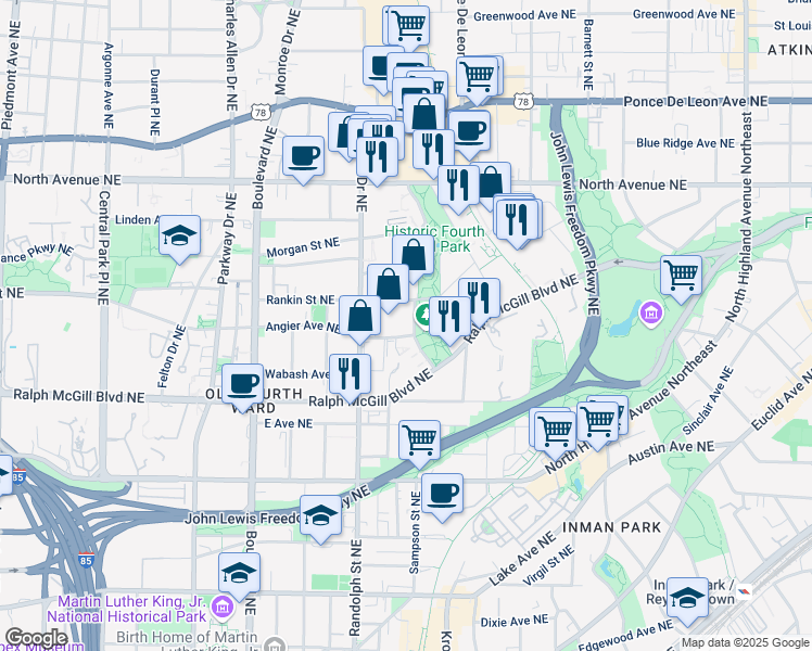 map of restaurants, bars, coffee shops, grocery stores, and more near 652 Angier Ave NE in Atlanta