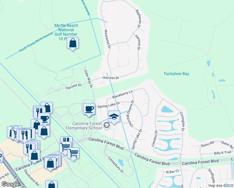 map of restaurants, bars, coffee shops, grocery stores, and more near 422 Blackberry Lane in Myrtle Beach
