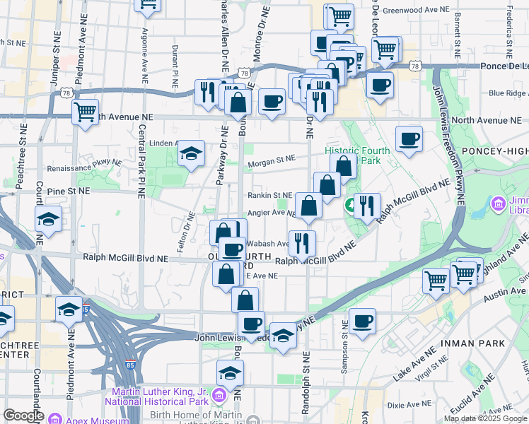 map of restaurants, bars, coffee shops, grocery stores, and more near Angier Avenue Northeast in Atlanta
